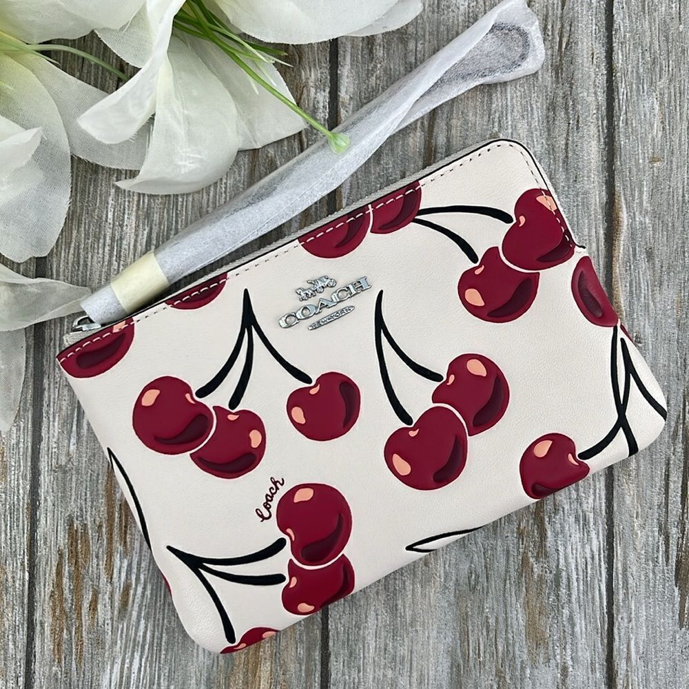 Coach Corner Zip Wristlet With Cherry Print Leather Wallet Bag Purse